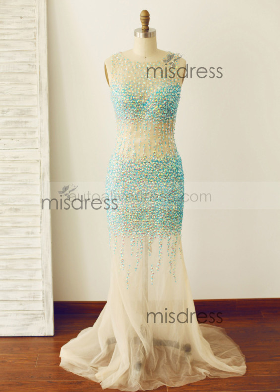 Sexy Sheer Blue Beaded Tulle Long Prom Dress